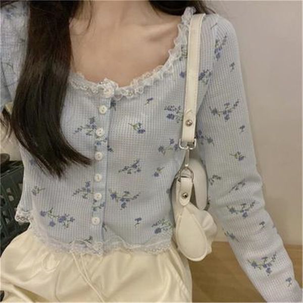 

womens knits tees women cardigan sweet crop patchwork lace floral gentle students allmatch retro single breasted korean style 230818, White