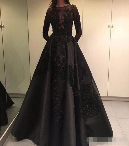 

modest 2019 zuhair murad formal evening celebrity dresses with overskirts train black lace long sleeve arabic dubai fashion prom p7747002, Black;red