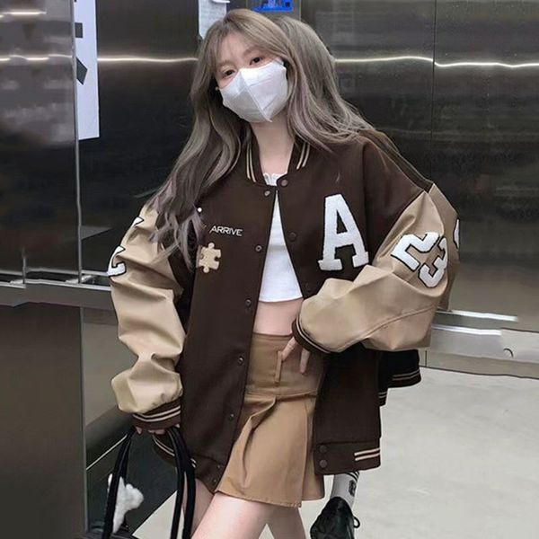 

womens jackets baseball bomber jacket american retro college suit letter patchwork oversized coat men vintage loose streetwear 230818, Black;brown