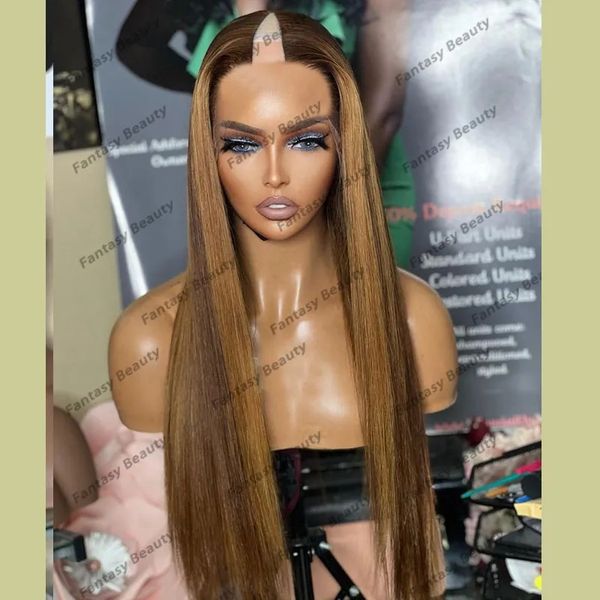 

highlight blonde long silky straight 100% human hair wigs for black women glueless 180density 1x4 middle v part wigs easy wear