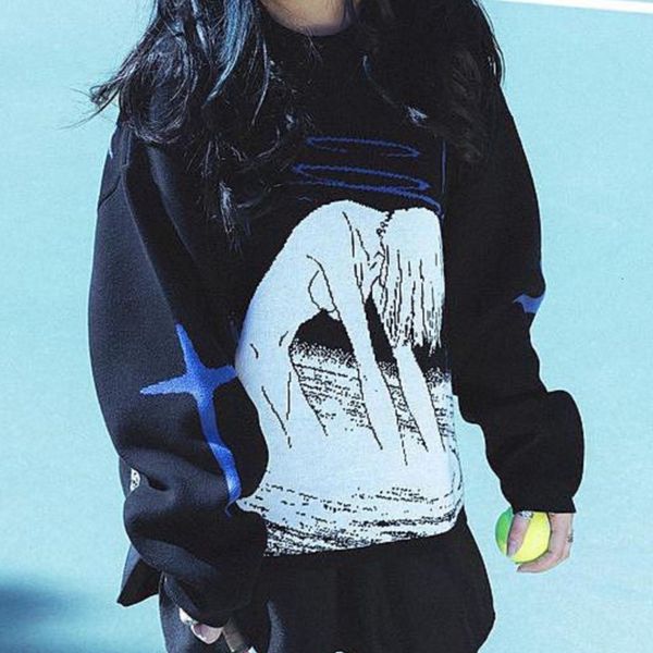 

men's sweaters korean fashion y2k anime pattern print knit o-neck men pullover kawaii harajuku streetwear fairy grunge 90s loose women, White;black