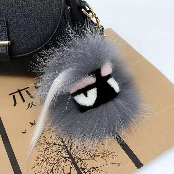 

luxury fen fluffy karl genuine raccoon fur pompom monster bag bugs charm keychain plush key ring leather tassel pompom, Silver
