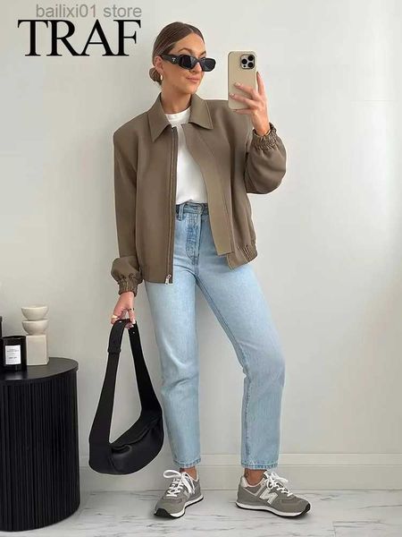 

women's jackets traf women's fashion solid bomber jacket women elegant lapel zipper short coat 2023 spring autumn casual ladies wi, Black;brown