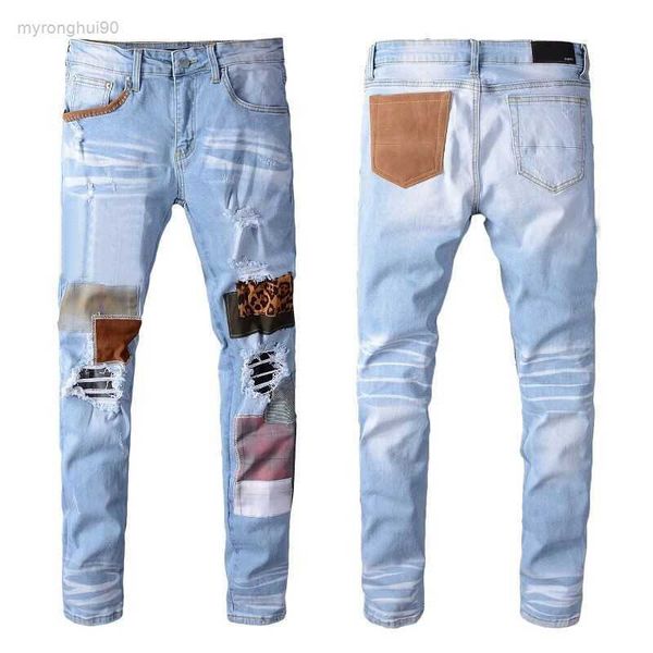 

2023 men's pants hip-hop vaqueros overlap high street fashion brand jeans retro torn fold stitching men's designer motorcycle ridi, Blue