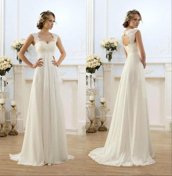

empire waist wedding dresses 2019 capped sleeves lace up back vestidos de novia long sweep a line chiffon bridal gowns9494575, White