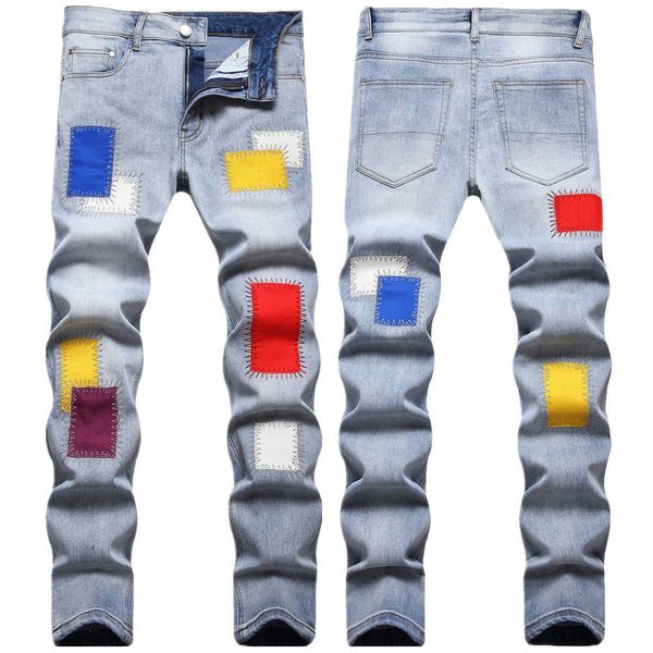 

men's jeans slim fit fashion small foot embroidered with colorful patch elastic wash blue pants