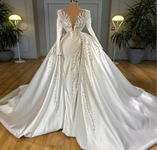 

gorgeous wedding dresses with detachable train satin pearls beads sweep train mermaid bridal gowns long sleeve marriage dress robe9678389, White