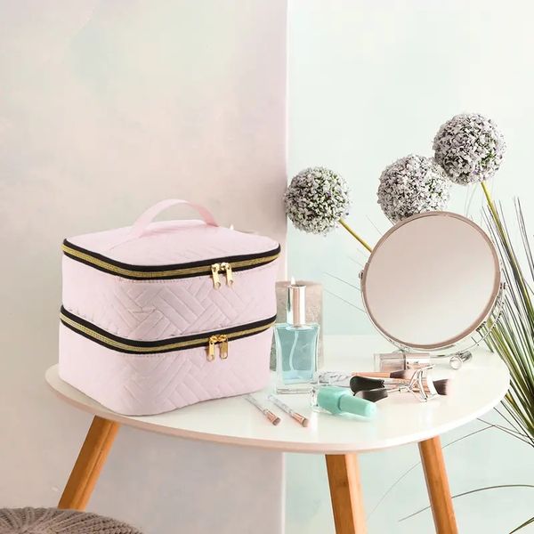 

double layer cosmetic bag for women, portable travel makeup storage bag, beauty accessories organizer pouch