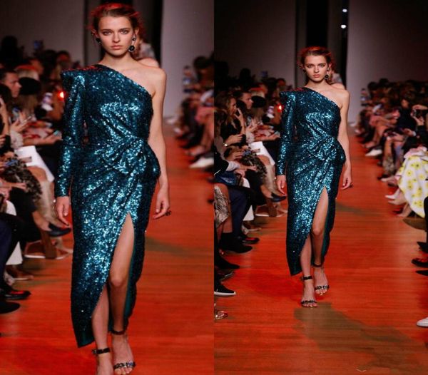 

elie saab evening dresses 2019 new one shoulder sheath pageant gowns with long sleeve side split sequins prom dress party wear ank2069502, Black;red