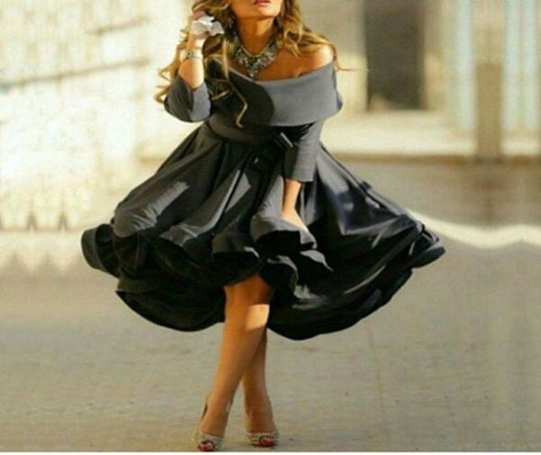 

2020 new black off the shoulder short prom dresses satin 34 long sleeves formal gowns women evening dresses6177987