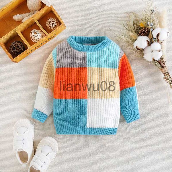 

pullover citgeett autumn kids baby boys girls knitted sweater casual warm contrast color long sleeve pullovers knitwear fall clothes x0818, Blue
