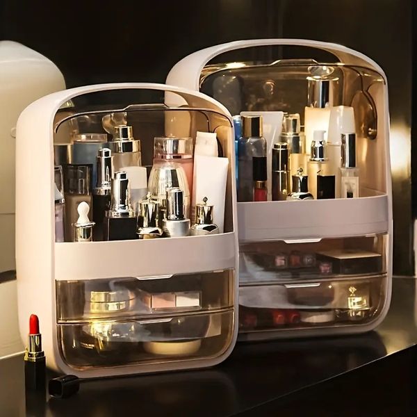 

1pc cosmetic storage box with drawer, large capacity dustproof jewelry skin care products rack, bedroom make up organizer,essential
