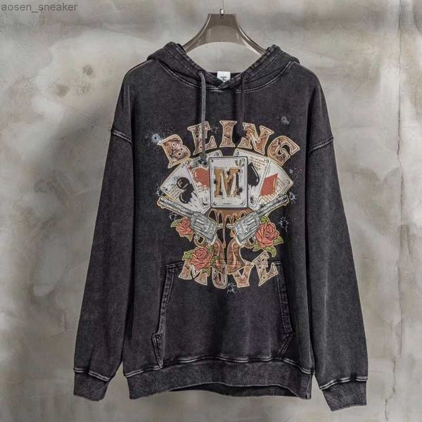

mens basic clothing vintage washed heavy fabric pullover playing card printing fashion comfortable casual hoodie, Black