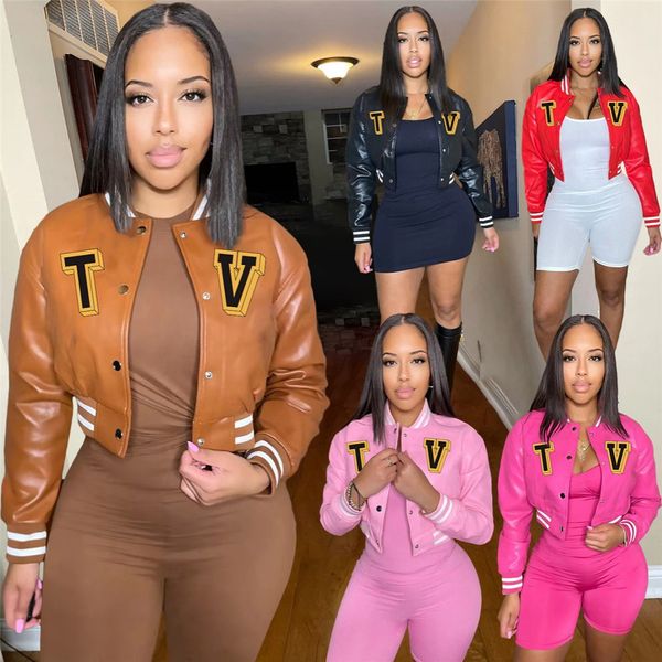 

leather jacket women fall winter clothes female pu outerwear casual baseball uniform long sleeve letter print coat fashion streetwear923, Black;brown