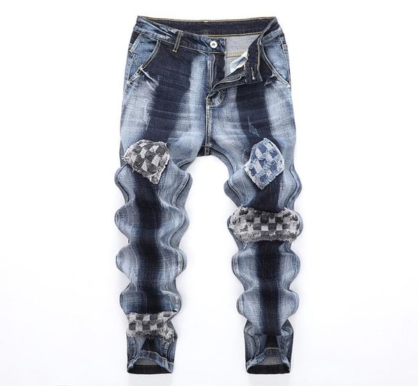 

slim fit stitching men039s jeans spring autumn street personality panel denim pants fashion casual stretch trousers pantalones7712698, Blue