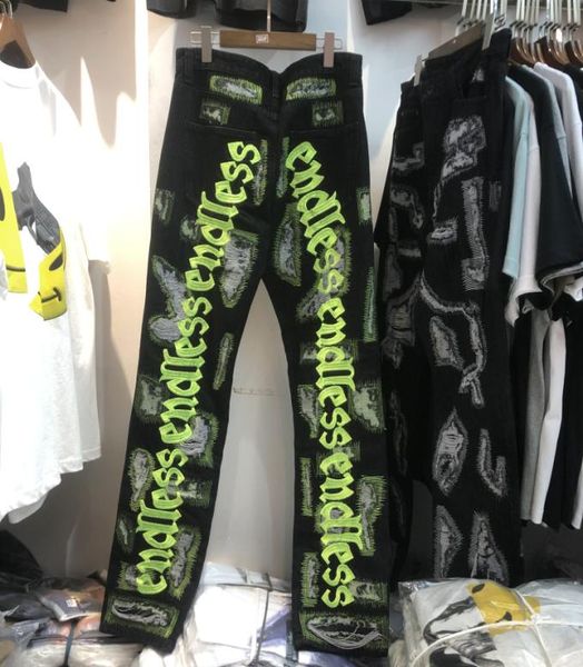 

damage hole distressed denim jean men women straight green letter embroidery denim pants6819243, Blue