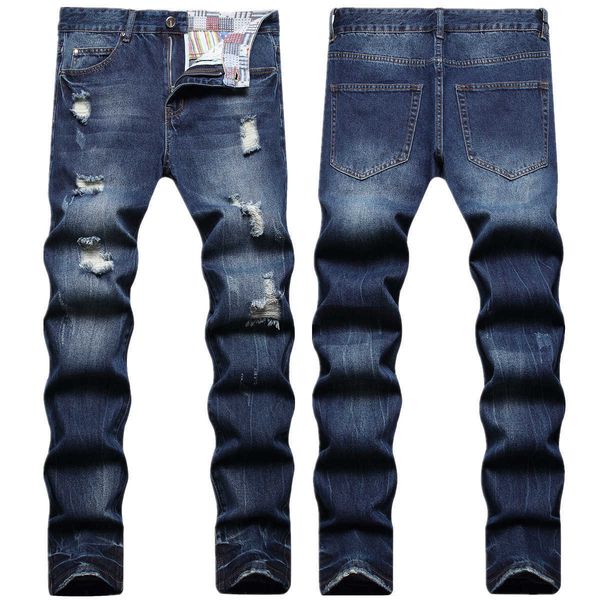 

men's jeans high street blue knee perforated versatile beggar pants trendy autumn and winter slim fit small feet