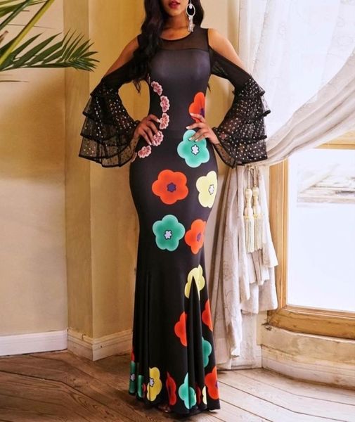 

clocolor long party dress women elegant floral printed black off shoulder mesh bodycon mermaid evening ruffle sleeve maxi dress y21969175, White;black