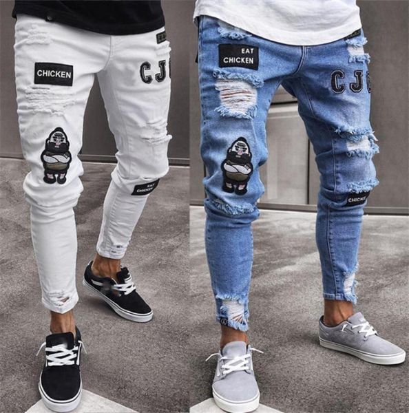 

jeans men hip hop ripped patchwork sweatpants skinny motorcycle denim pants zipper designer black jeans mens casual men5870469, Blue