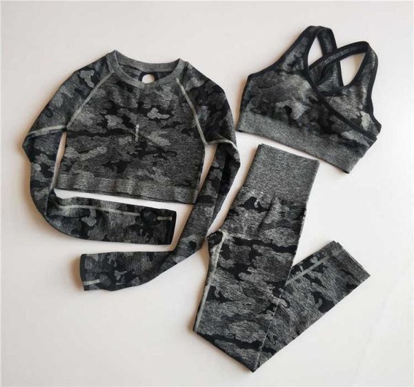 

3pcs camo seamless yoga set sports wear women fitness clothing yoga leggingssport brng sleeve crop gym sports suits t20032195896, Gray