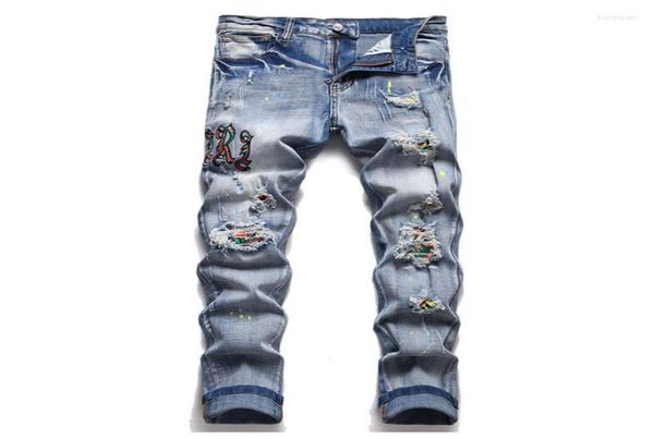 

men039s jeans ripped hip hop holes casual pants washed streetwear harakuju denim trousers for male slim fit embroidery9230241, Blue