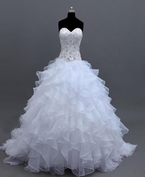 

2019 new organza ball gown wedding dresses handmade rhinestones ruffles bridal gowns corset custom made romantic stunning sweethea8186011, White