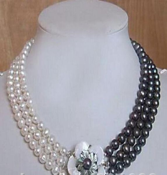 

3rows 78mm whiteblack freshwater cultured pearl necklace019096294, Silver