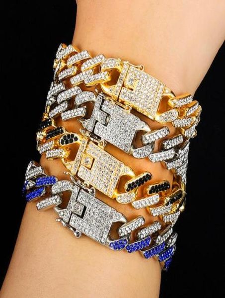

new fashion gold plated bling colorful diamond mens womens hip hop black red blue cuban link chain bracelet curb raper chains gift4292156
