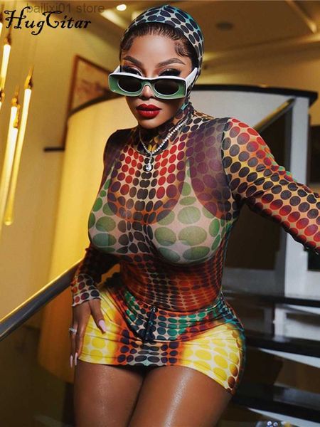 

two piece dress hugcitar 3d print long sleeve see through crop zipper skirt 2 piece sets 2023 spring women fashion streetwear party t230817, White