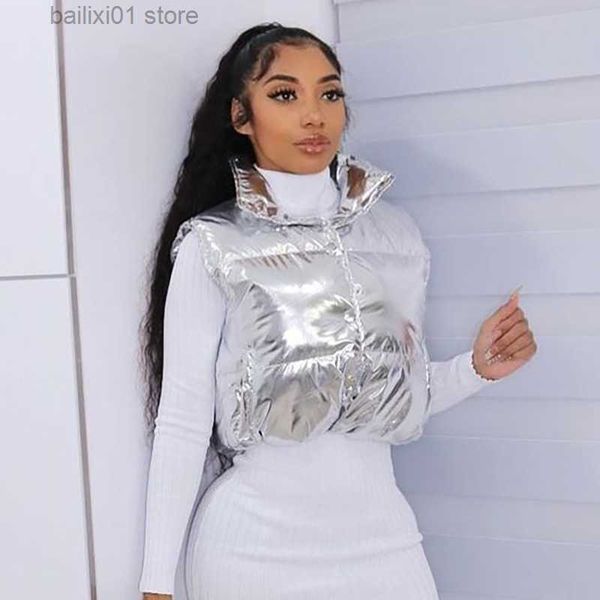 

women's vests silver gilding parkas vest 2022 winter women puffy stand collar sleeveless zipper cropped cotton padded jackets bread coa, Black;white