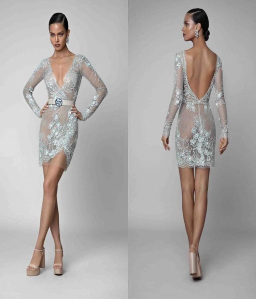 

2019 berta cocktail dresses long sleeve backless lace formal short homecoming graduation dress see through mini party gowns c2575622, Black