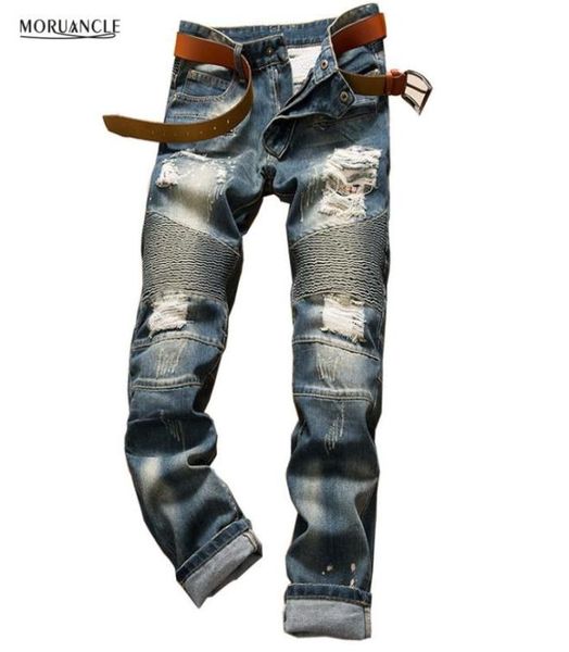 

whole 2020 mens ripped biker jeans fashion distressed denim joggers for man streetwear destroyed moto jeans pants trousers4028548, Blue