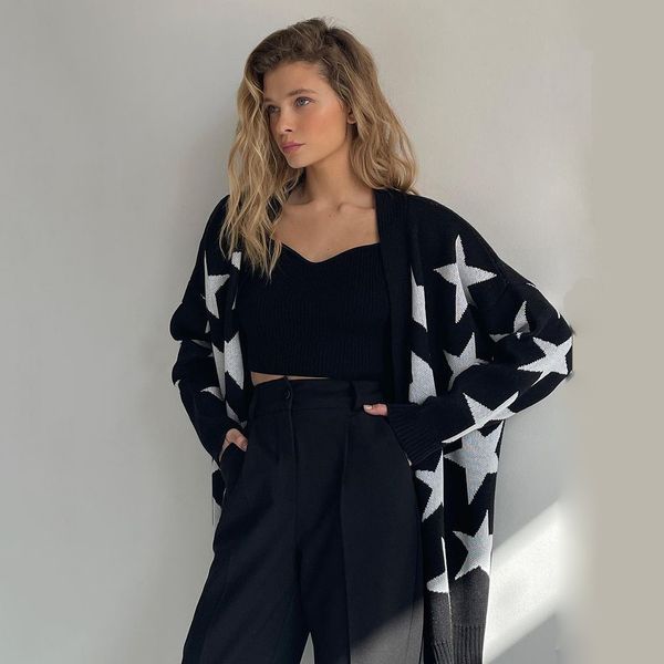 

womens knits tees vneck casual women cardigan sweater star printed knit oversized thick fashion ladies sweaters vintage jumper 230818, White
