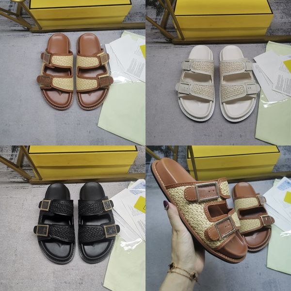 

luxury sandals women men slippers summer comfort calf leather raffia pp straw woven slides f pattern sandals feel thick bottom gold buckle s, Black