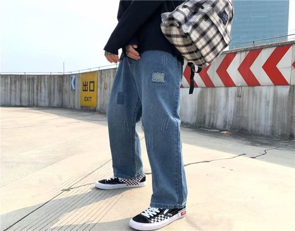 

fashion 2020 teenagers denim jeans men039s loose feeling wide leg embroidery ankle length pants korean wild pants old denim9216186, Blue