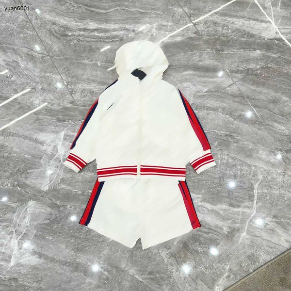 

luxury baby clothes designer kids tracksuits 2pcs waistband design hooded long sleeved jacket and side striped shorts june24, White