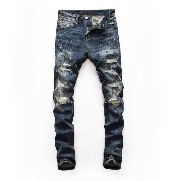 

men039s jeans european style mens stretch men straight denim trousers slim paint printing blue hole zipper for 81327737508