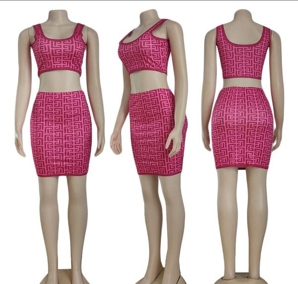 

womens two piece dress full geometric printed vest dresses sets for women designer short skirts charm ladies slim dress two-pieces hip rawp, White