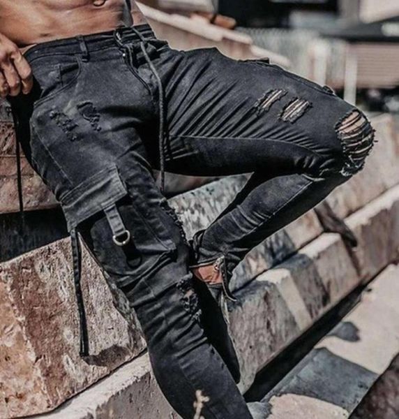 

men039s jeans men drawstring high waist desighner jean pants summer mens clothing biker straight denim washed hole pant trouser1808059, Blue