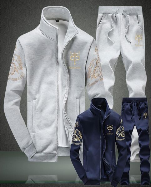 

zipper men tracksuit brand casual sportswear set men039s two piece sweasuit fashion two pieces stand collar jacket pants male 47447600, Gray