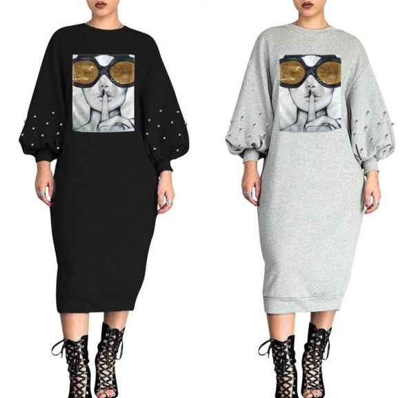 

womens sweatshirt dress sequined pearls print full sleeve girl women o neck dress spring fashion casual nightclub midi dress vesti7489906, Black;gray