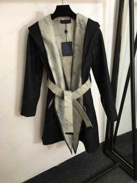 

lady trench coat long hoodie jackets womens clothe old flower logo letter tie waist long sleeve hooded tweed coats reversible designer jacke, Black