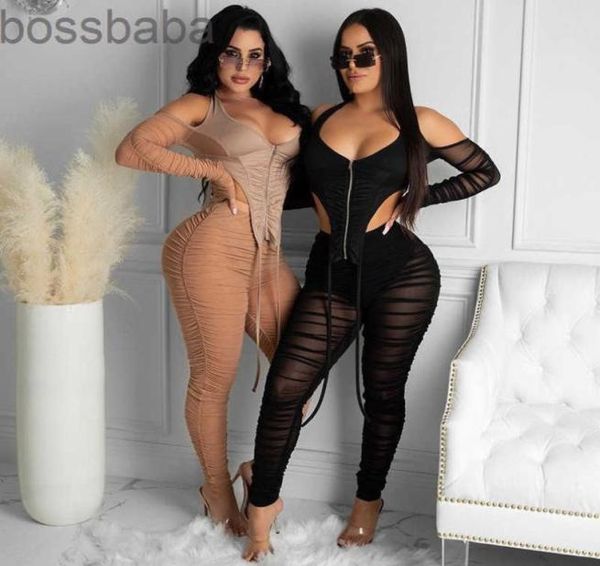 

stacked mesh two piece pants set women dress streetwear off shoulder zipper high waist pants skinny slim clubwear outfit3754394, White