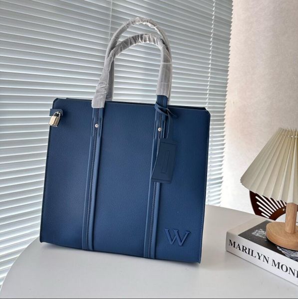 

luxurious khaki blue genuine leather tablet bag schoolbag briefcase mens business document case tote handbag m51308 l luxury designer messen