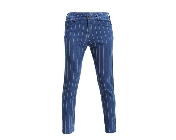 

2019 spring women clothing dark blue streetwear casual high waist button vertical striped jeans pants femme4141975