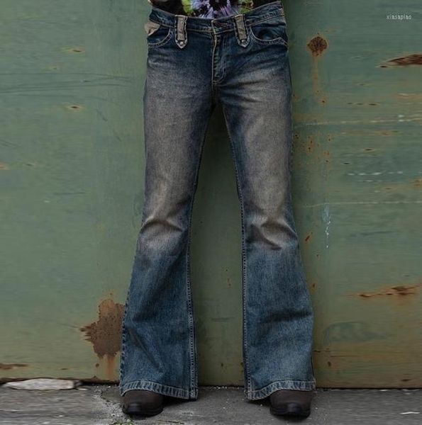 

men039s jeans men flared baggy bootcut leg pants distressed patchwork designer punk stlye bell bottom denim trousers6787770, Blue