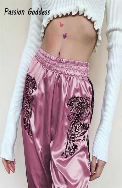 

embroidery tiger pink pant side striped sweatpants high waist soft satin harem pants casual kawaii trousers plus size y2004184545129, Black;white