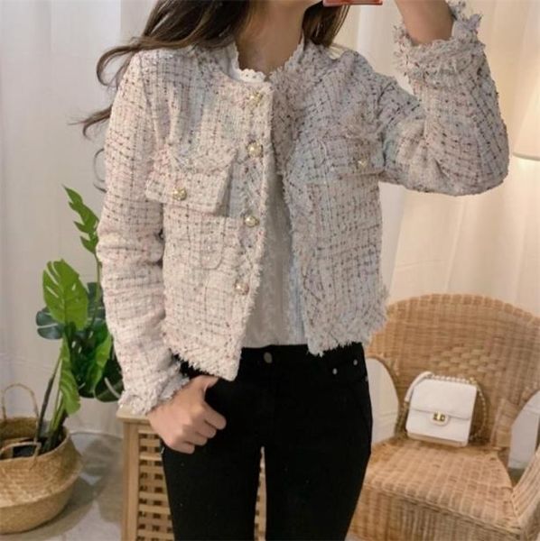 

women039s knits tees hma autumn women singlebreasted tweed jacket female elegant korean chic short coat 2210073091045, White