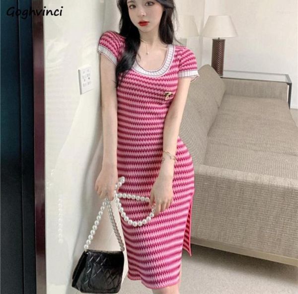 

casual dresses short sleeve dress women simple striped sideslit knitting soft summer slim sheath fashion ins asymmetric korean st2810269, Black;gray