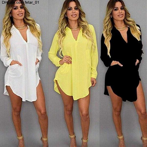 

women casual dresses solid chiffon blouse shirt mini dress pocket v neck loose long sleeve summer beach wear cover up, Black;gray